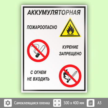 Знак «Аккумуляторная - пожароопасно. Курение запрещено, с огнем не входить», КЗ-01